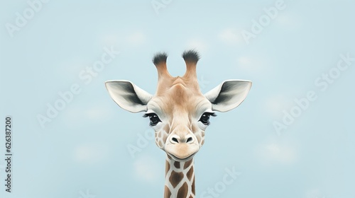  a close up of a giraffe's face against a blue sky. generative ai