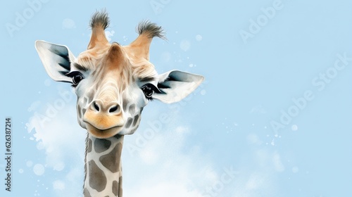  a close up of a giraffe s face against a blue sky.  generative ai