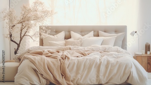  a bed with a white comforter and pillows on it. generative ai