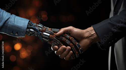 person shaking metal hand of a robot in the dark, Generative AI