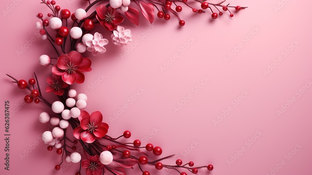 a pink background with red and white flowers and berries on it. generative ai a pink background with red and white flowers and berries on it. generative ai
