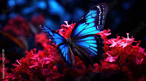  a blue butterfly sitting on top of a red flower bush.  generative ai © Shanti