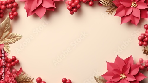  a paper poinsettia and red berries on a beige background. generative ai