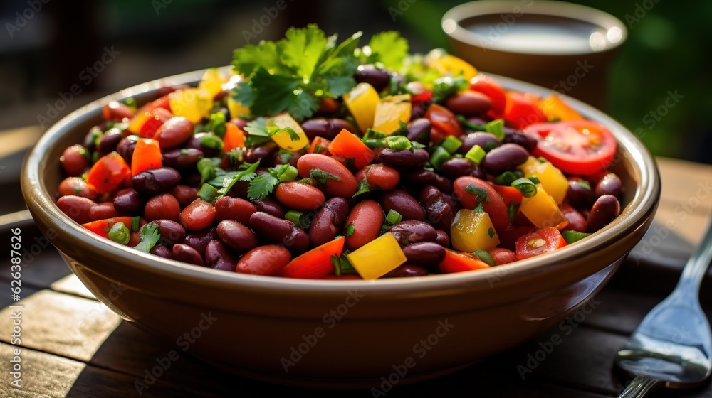 a bowl of beans and vegetables on a table with a fork. generative ai a bowl of beans and vegetables on a table with a fork. generative ai