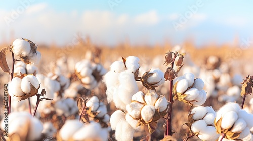  a field of cotton plants with a blue sky in the background. generative ai
