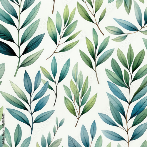Wallpaper, seamless background with blue green leaves. Generative AI