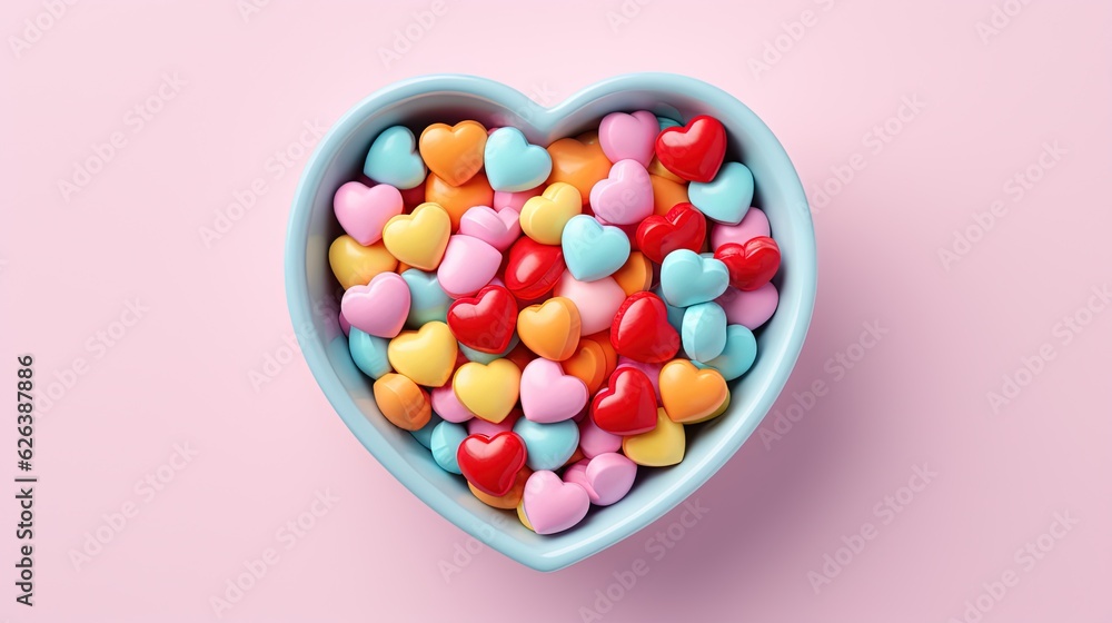 a heart shaped bowl filled with candy hearts on a pink background. generative ai a heart shaped bowl filled with candy hearts on a pink background. generative ai
