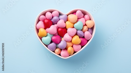  a heart shaped bowl filled with candy hearts on a blue background. generative ai