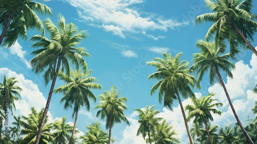  a painting of palm trees against a blue sky with clouds. generative ai