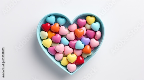  a heart shaped bowl filled with candy hearts on a white background. generative ai