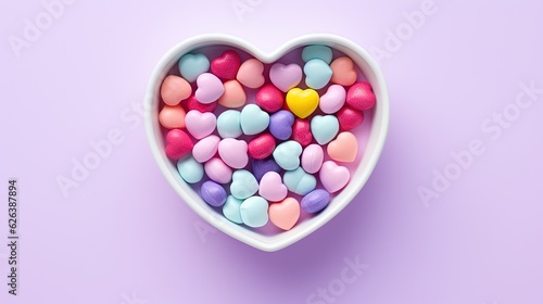  a heart shaped bowl filled with candy hearts on a purple background. generative ai