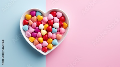 a heart shaped bowl filled with candy hearts on a pink and blue background. generative ai