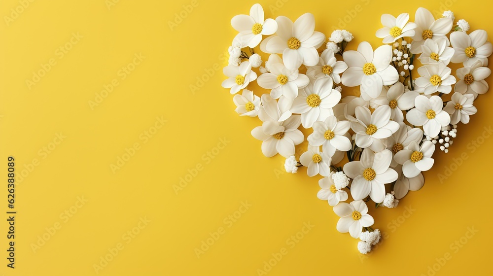 a heart shaped arrangement of white flowers on a yellow background. generative ai a heart shaped arrangement of white flowers on a yellow background. generative ai