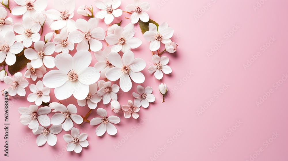 a bunch of white flowers on a pink background with copy space.  generative ai