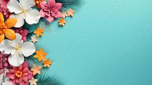  a blue background with white and orange flowers and palm leaves.  generative ai © Shanti
