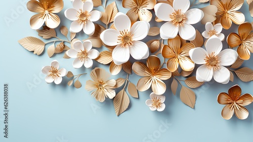  a bunch of paper flowers on a blue background with gold leaves.  generative ai © Shanti