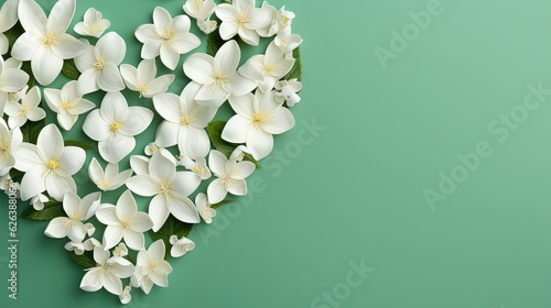  a heart shaped arrangement of white flowers on a green background.  generative ai