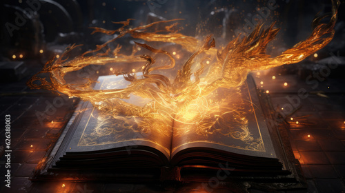  Magical book, an incredible world of fantasy, magycal fiery glow. Generative AI