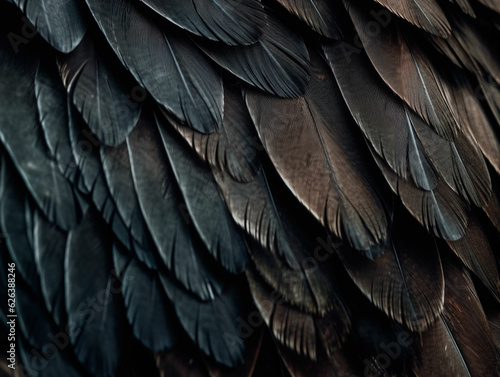 Black feathers close-up, pattern. Generative AI