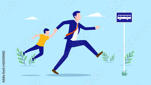 Father in a hurry - Stressed dad running with child in hands in morning stress trying to reach bus. Flat design vector illustration