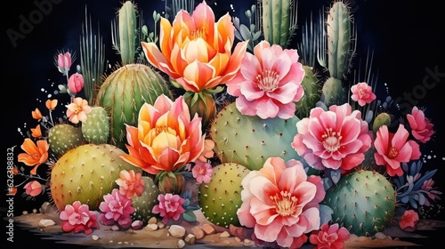  a painting of a bunch of cactus plants in a field.  generative ai