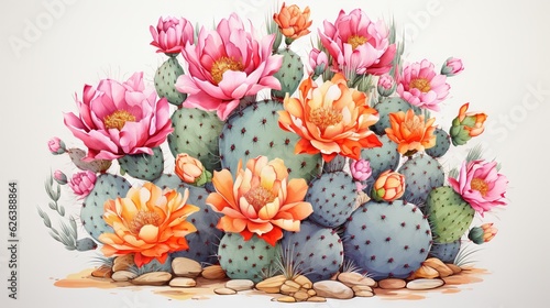 a painting of a bunch of cactus with flowers on it.  generative ai