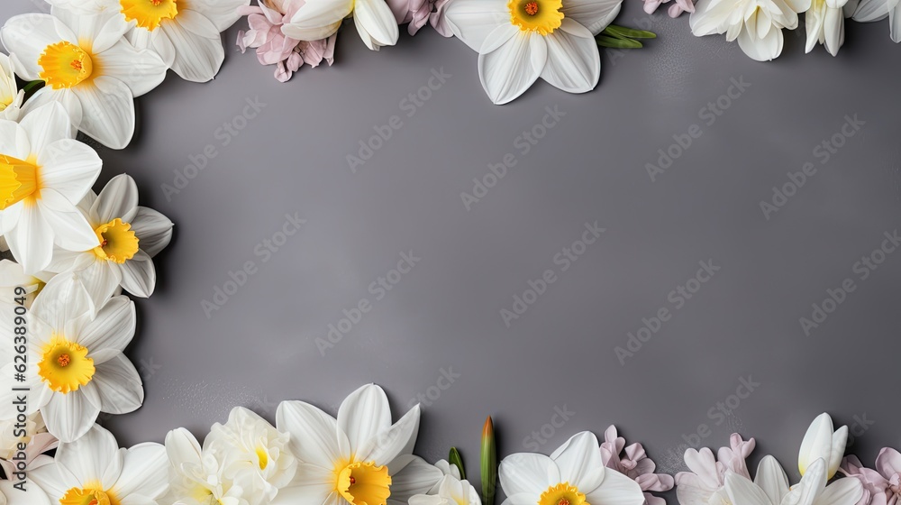  a gray background with white, yellow and pink flowers on it.  generative ai