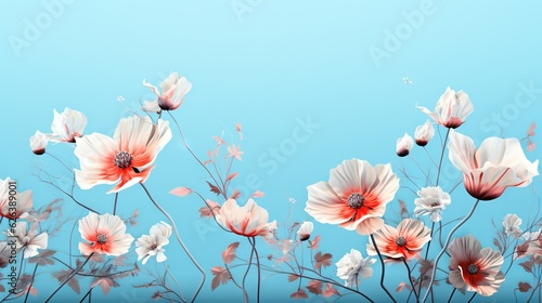  a bunch of flowers that are on a blue background with a sky in the background.  generative ai © Shanti