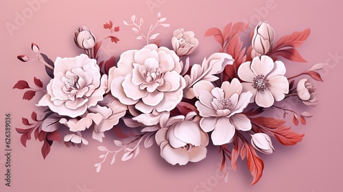  a bunch of flowers that are on a pink background with leaves. generative ai