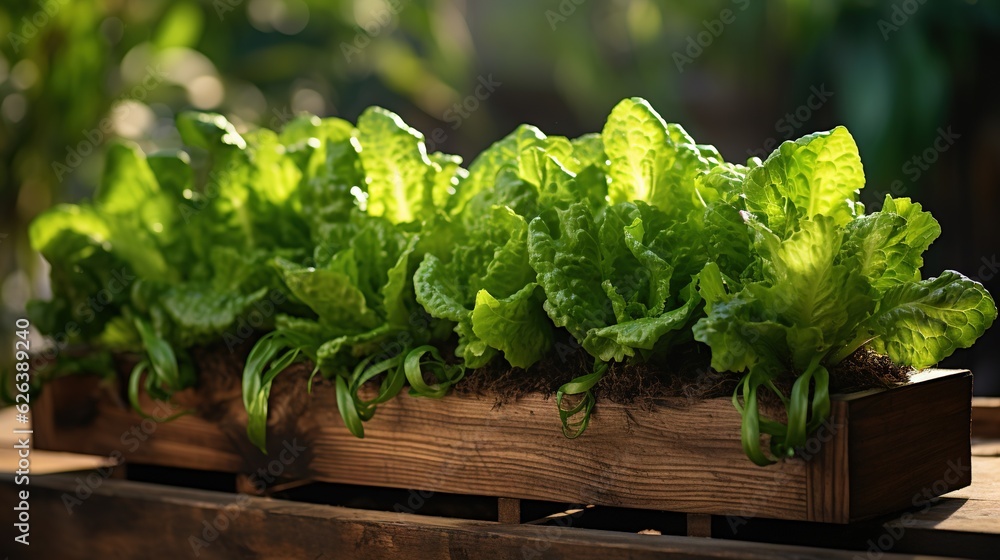 a row of lettuce growing in a wooden box. generative ai a row of lettuce growing in a wooden box. generative ai