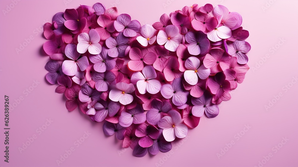 a heart shaped arrangement of pink and purple flowers on a pink background. generative ai a heart shaped arrangement of pink and purple flowers on a pink background. generative ai