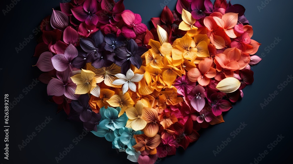  a heart shaped arrangement of colorful flowers on a black background.  generative ai