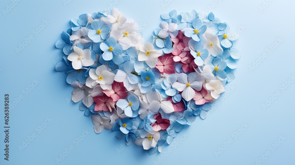 a heart shaped arrangement of flowers on a blue background with copy - space. generative ai a heart shaped arrangement of flowers on a blue background with copy - space. generative ai
