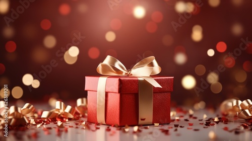  a red gift box with a gold ribbon and a bow.  generative ai