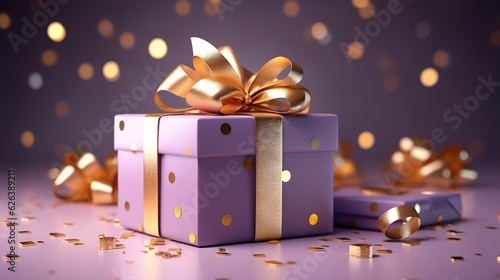  a purple gift box with a gold bow and confetti.  generative ai © Shanti
