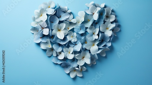  a heart shaped arrangement of blue and white flowers on a blue background. generative ai