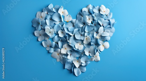  a heart shaped arrangement of blue flowers on a blue background. generative ai
