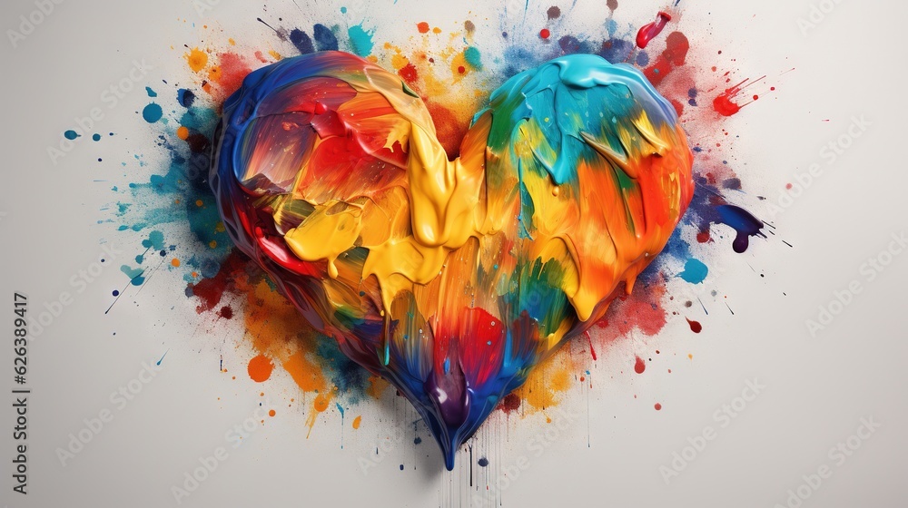  a colorful heart shaped painting on a white wall with paint splatters.  generative ai