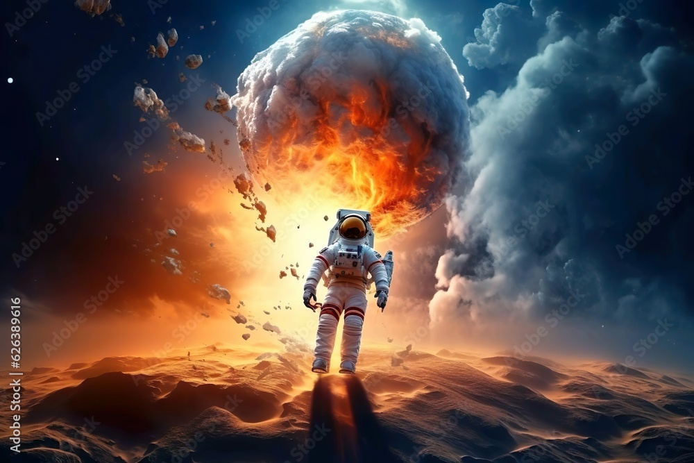Astronaut schwebt auf einem Planeten wo im Hintergrund ein anderen Planeten explodiert mit Feuer ,Generiert mit KI