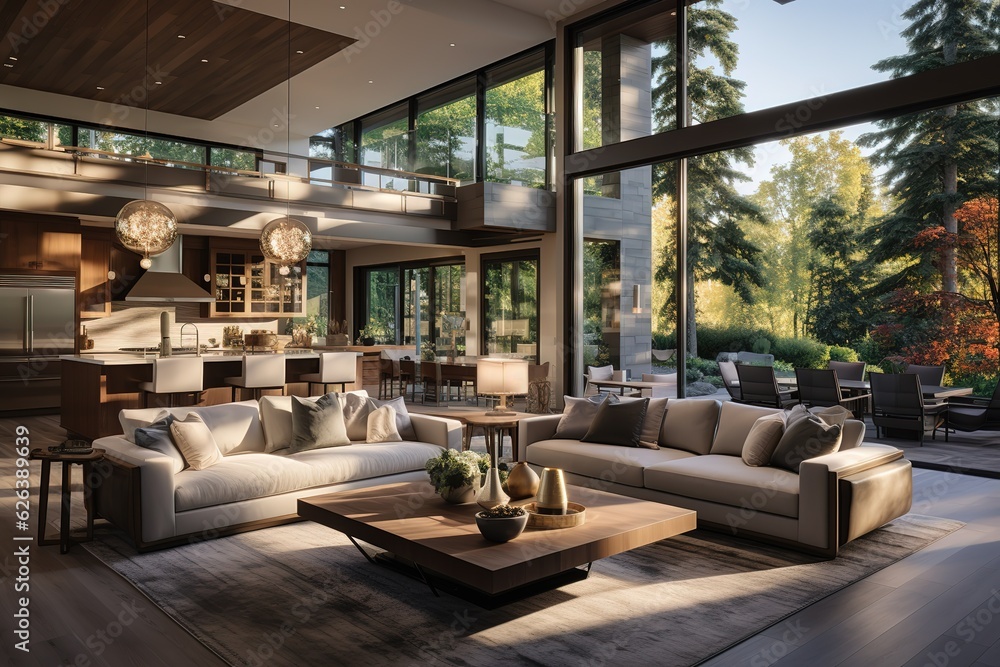 Beautiful living room interior in new luxury home with open concept floor plan. Shows kitchen, dining room, and wall of windows with amazing exterior Beautiful living room interior in new luxury home with open concept floor plan. Shows kitchen, dining room, and wall of windows with amazing exterior
