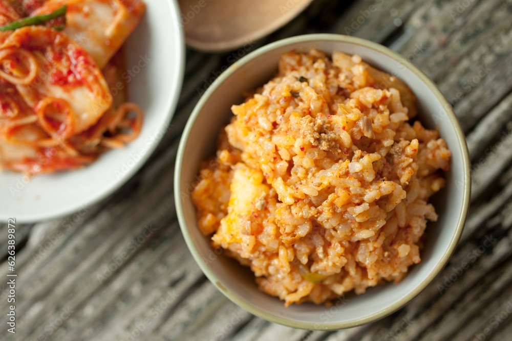 Savory Fusion: Close-Up of Kimchi Fried Rice, a Delectable Blend of Flavors, Captured in 4K Resolution Savory Fusion: Close-Up of Kimchi Fried Rice, a Delectable Blend of Flavors, Captured in 4K Resolution