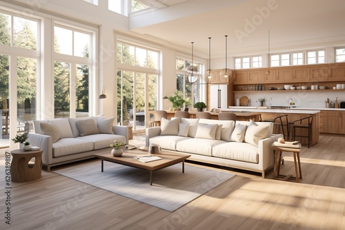 Harmonious haven living room interior in new luxury home with open concept floor plan. Shows kitchen, dining room, and wall of windows with amazing exterior