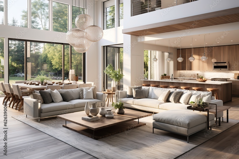 Image showcasing Minimalist living room interior in new modern home with open concept ...
