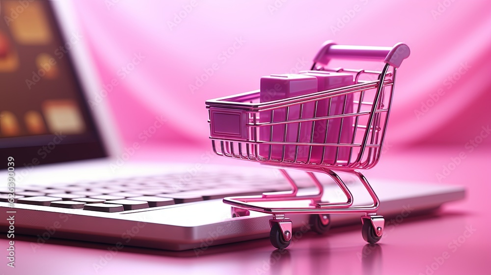  a pink shopping cart sitting next to a laptop computer on a desk.  generative ai