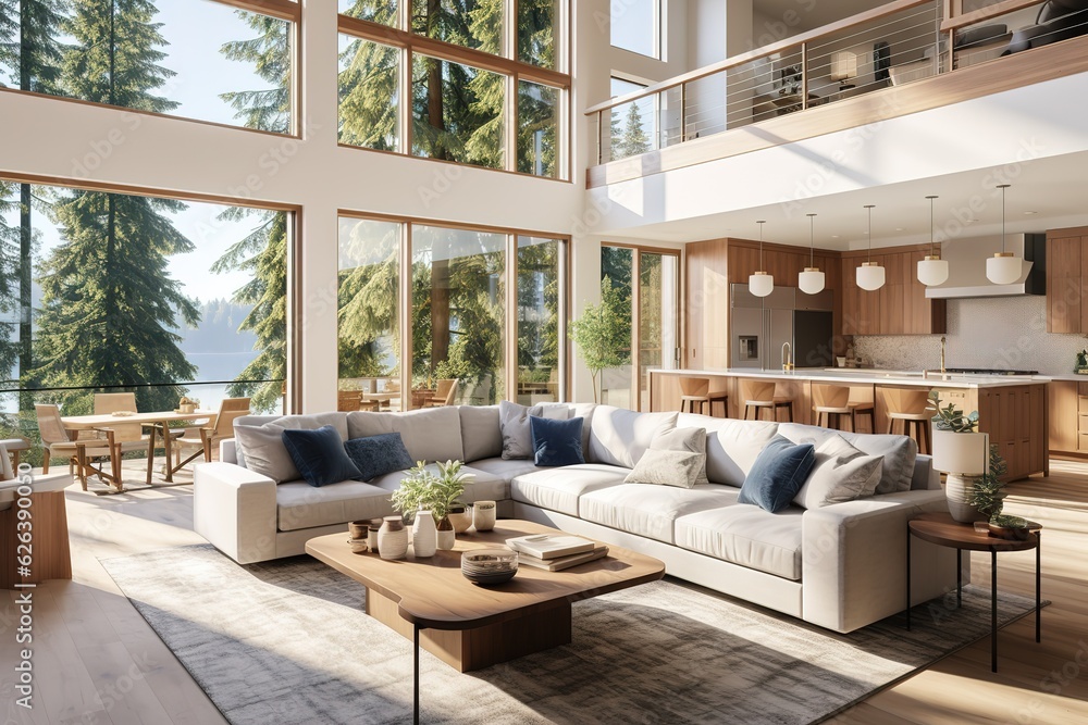 Minimalist living room interior in new modern home with open concept floor plan. Shows kitchen, dining room, and wall of windows with amazing exterior Minimalist living room interior in new modern home with open concept floor plan. Shows kitchen, dining room, and wall of windows with amazing exterior
