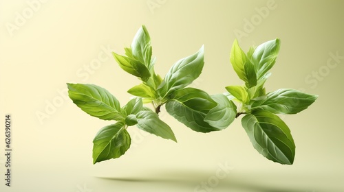  three green leaves on a branch with a light yellow background.  generative ai