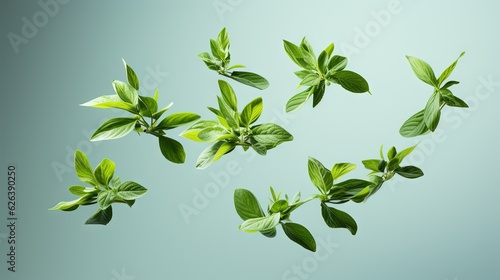  a group of green leaves floating in the air on a blue background. generative ai