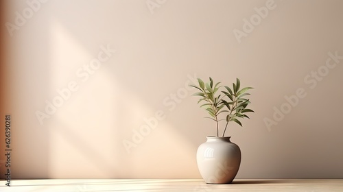  a white vase with a plant in it on a table. generative ai