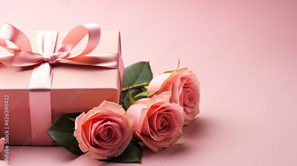  a pink box with a pink ribbon and three pink roses.  generative ai
