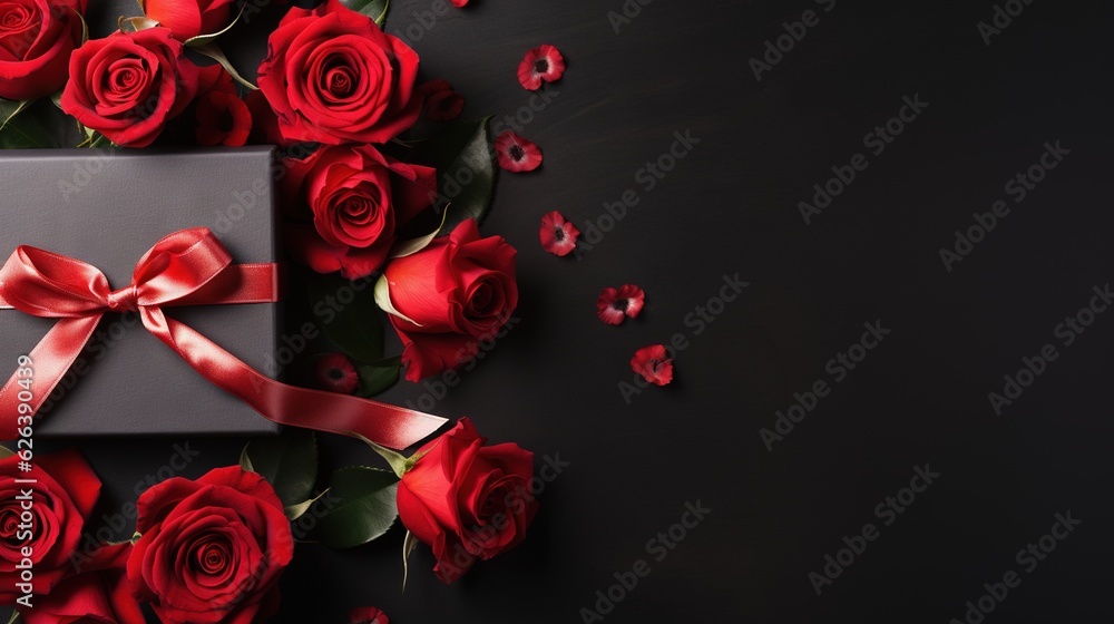 a gray box with a red ribbon and a bunch of red roses. generative ai a gray box with a red ribbon and a bunch of red roses. generative ai